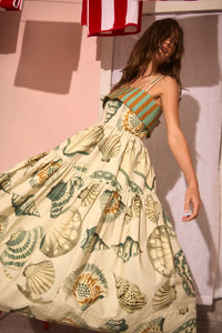 The Dolly Dress in Somers Shell Cream with full shirred skirt.