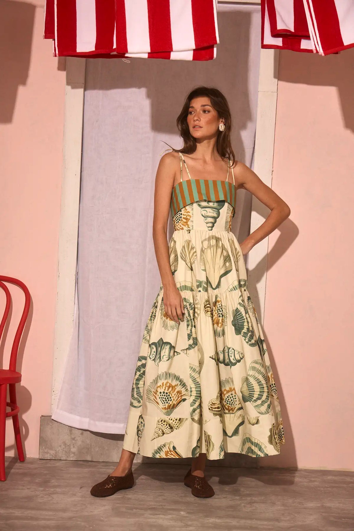 The Dolly Dress in Somers Shell Cream with full shirred skirt.