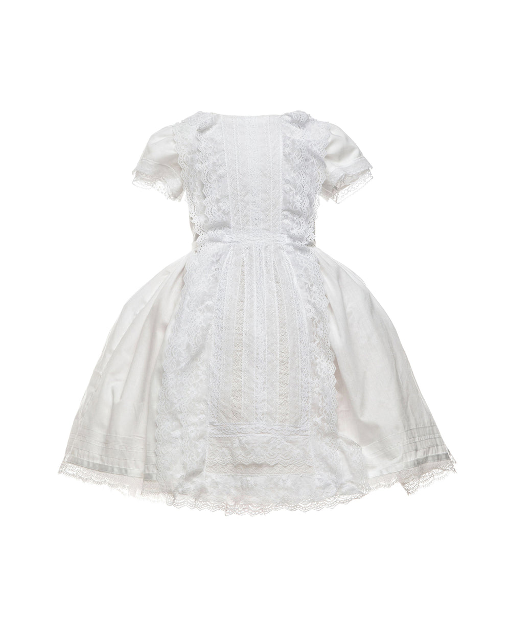 Front view of The Clementine dress showcasing lace-trimmed panels, puff sleeves, and full gathered skirt on white background