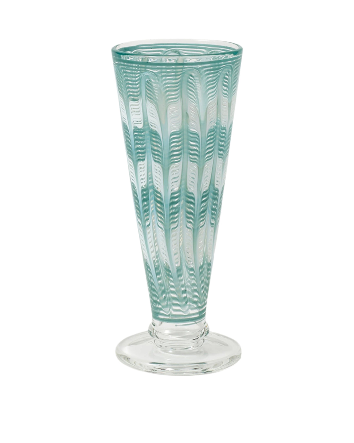 Front view of D’Ascoli Donatello Flute Glasses in Turquoise, Set of 6 showcasing paisley patterns with a white background