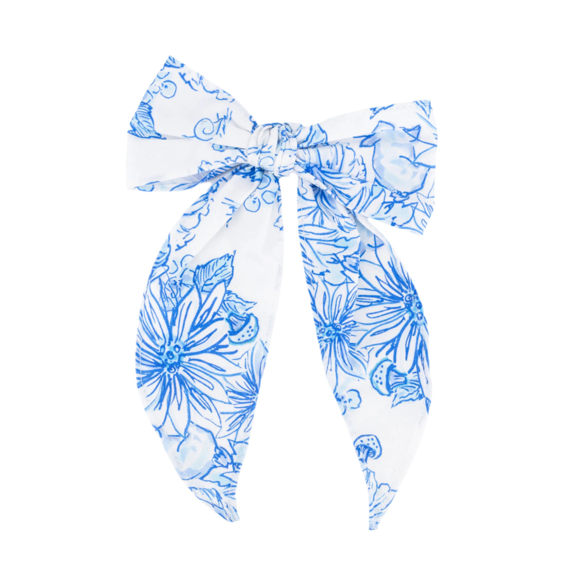 Front view of Beatrix Bow showcasing a white base with blue floral accents on a white background
