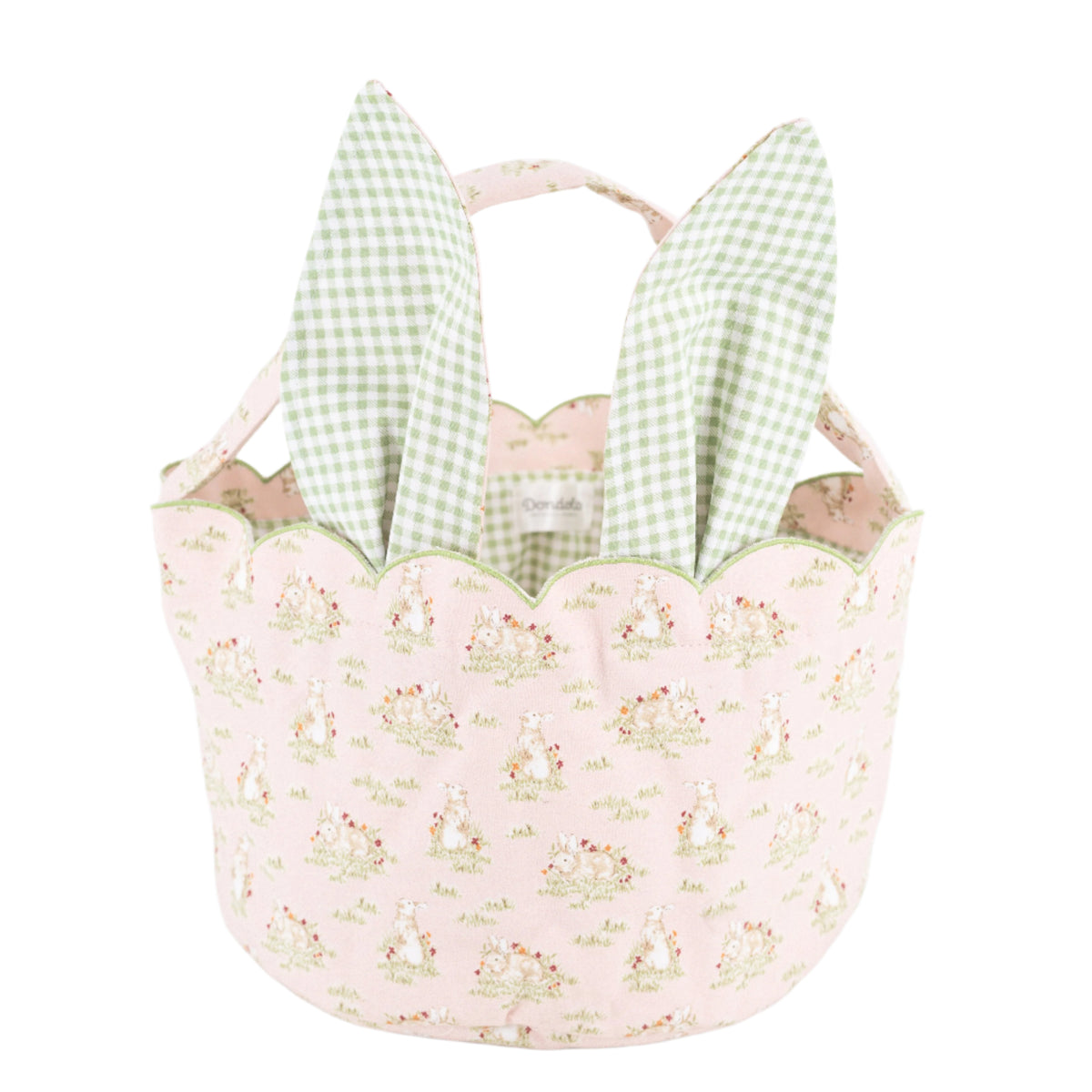 Front view of Easter Basket in Bunny Toile showcasing propped bunny ears and floral print with a white background
