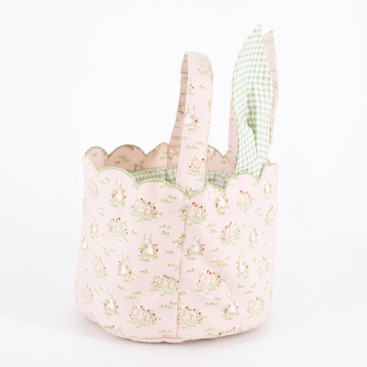 Front view of Easter Basket in Bunny Toile showcasing upright bunny ears with a white background