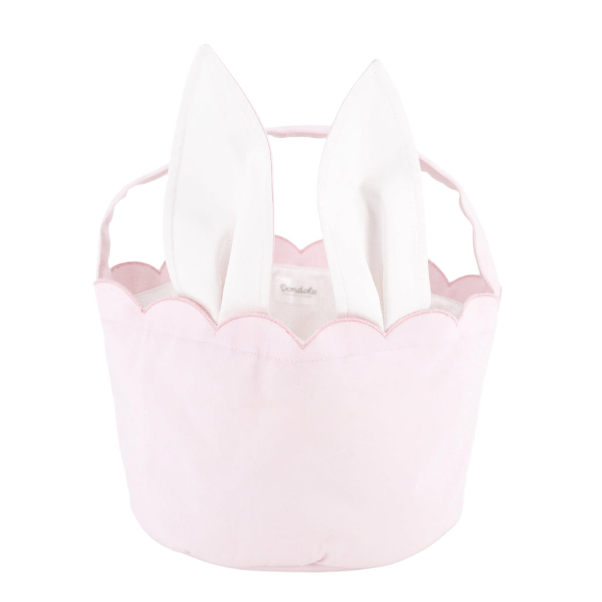 Front view of Easter Basket in Pink showcasing propped-up bunny ears and scalloped trim on a white background