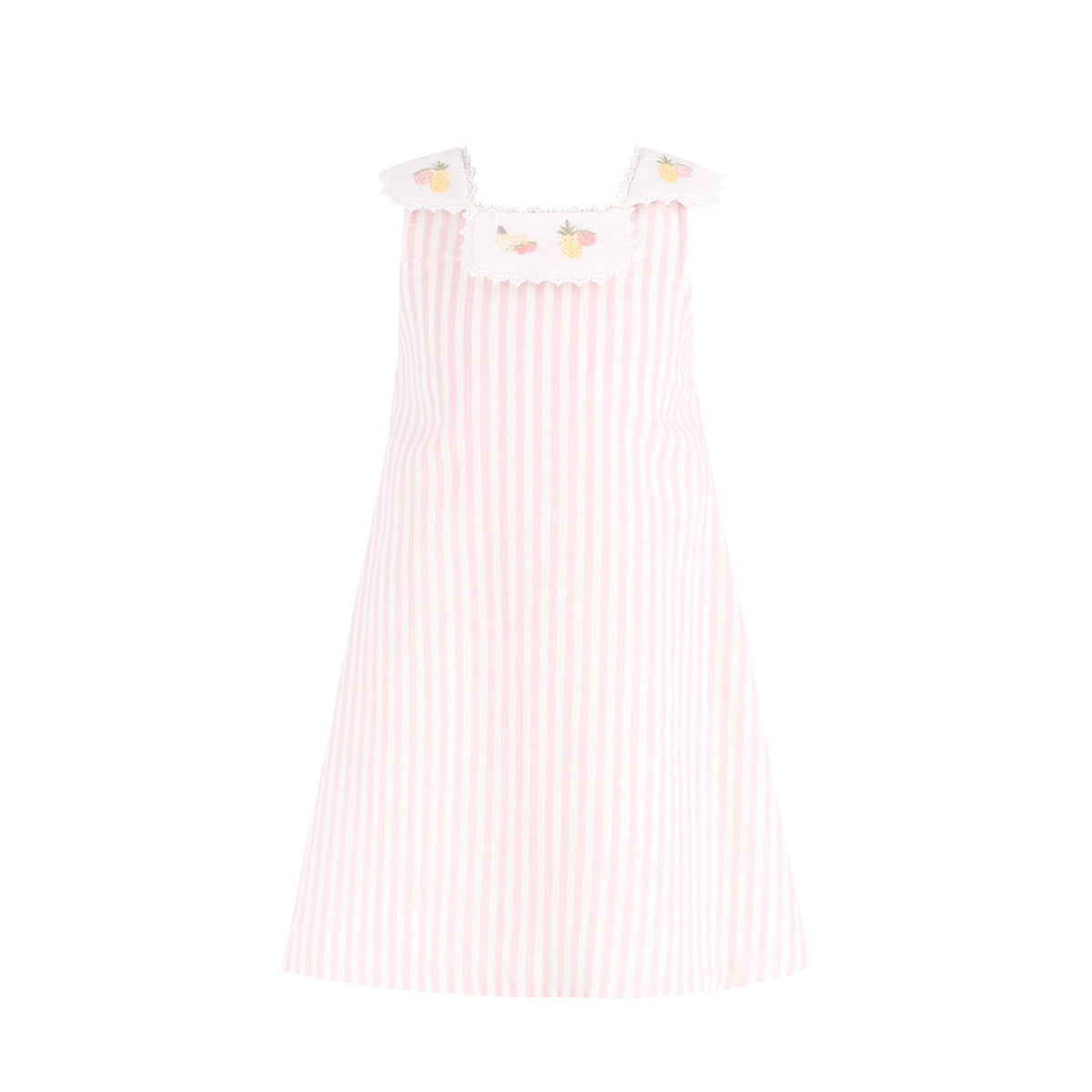Front view of Ananas Girl Dress showcasing pink stripes fruit embroidered three collar bib and lace trim on white background