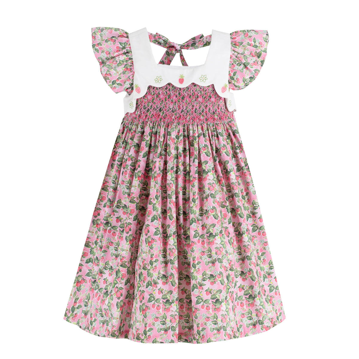 Front view of Strawberry Patch Girl Dress showcasing pink strawberry print, flutter sleeves, and smocked chest on white background