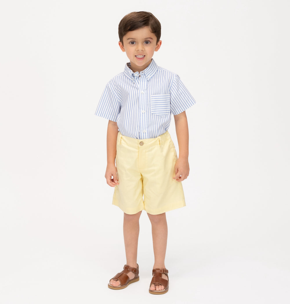 Front view of Sunflower Boy Set on child: blue-striped shirt with chest pocket and yellow shorts on white background