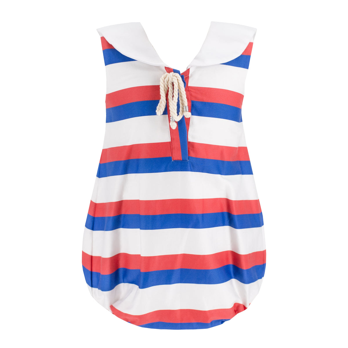 Front view of Sarah Girl Bubble romper showcasing red and blue horizontal stripes, sailor collar and nautical rope bow on white background
