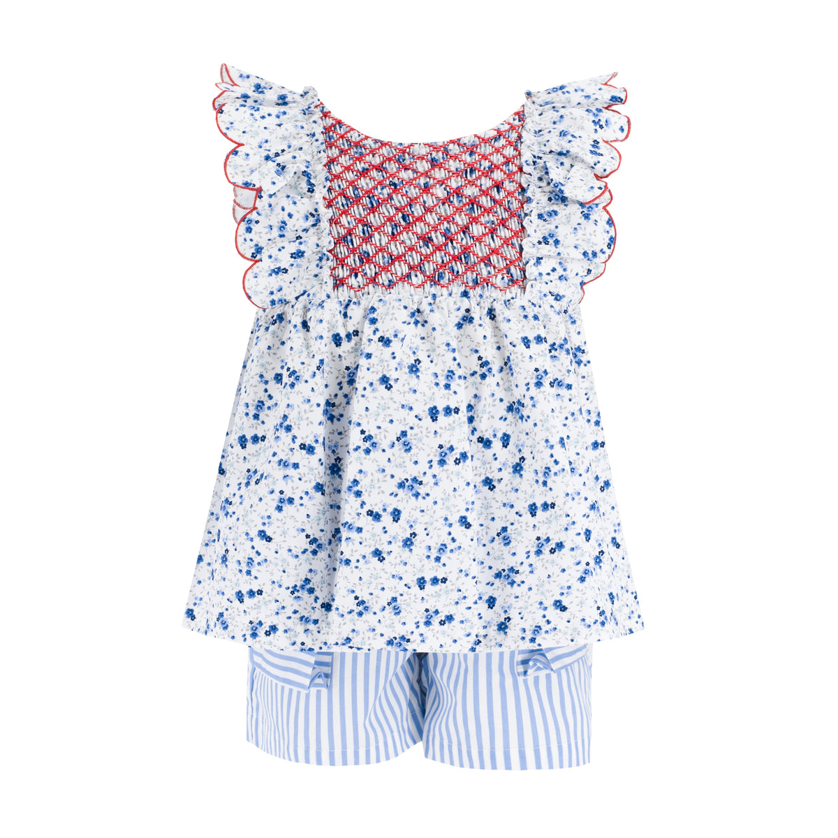 Front view of Emmie Girl set showing hand-smocked red and blue chest, ruffled blue floral top and blue-striped shorts