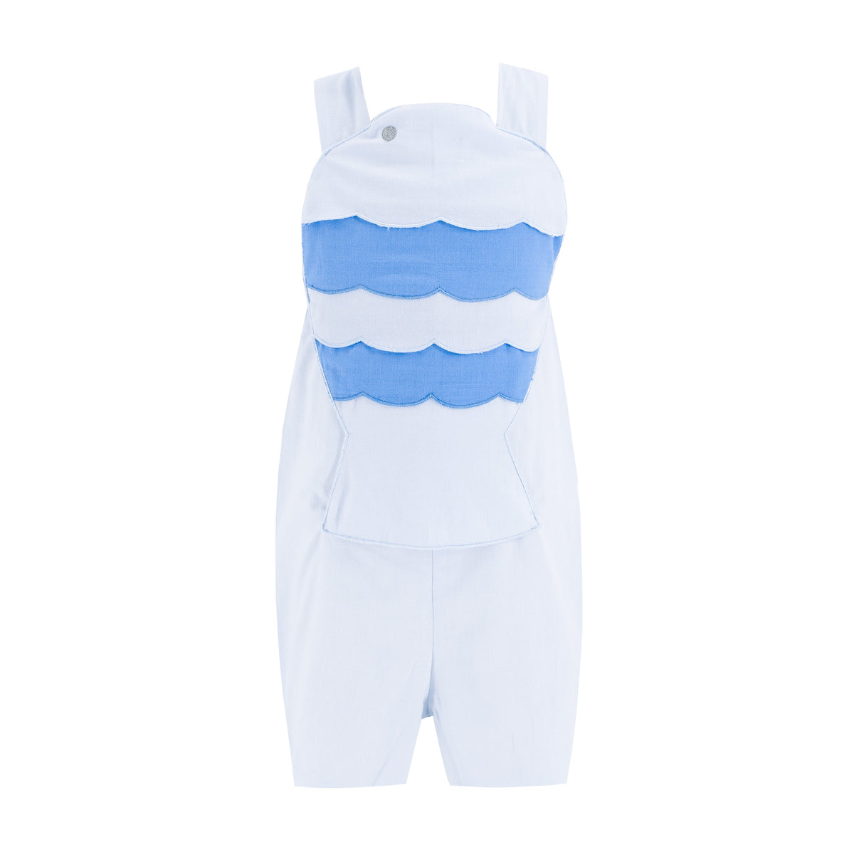 Front view of Fish Boy Jon Jon romper showcasing blue scalloped applique and adjustable shoulder straps on white background