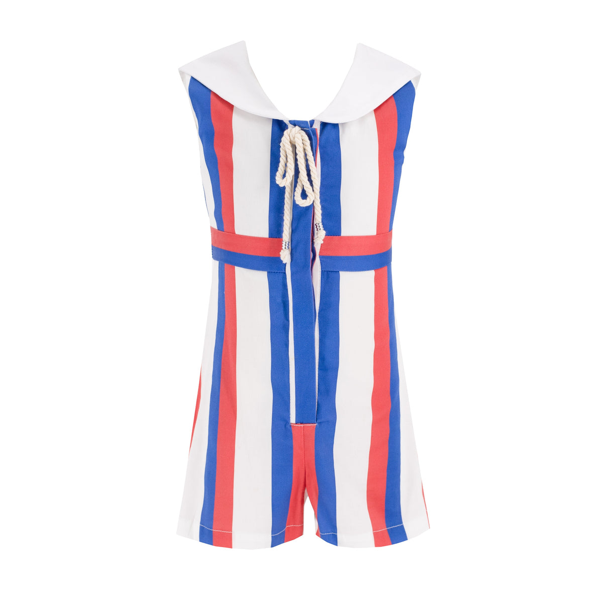 Front view of Sarah Girl Romper featuring red, white, and blue vertical stripes, sailor collar, and nautical rope bow on white
