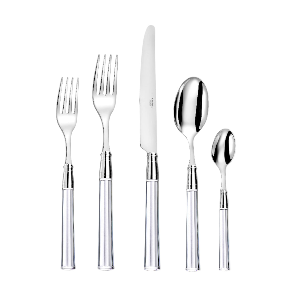 Front view of Doric Place Setting in Crystal, Set of 5 showcasing transparent crystal-inspired acrylic handles with a white background