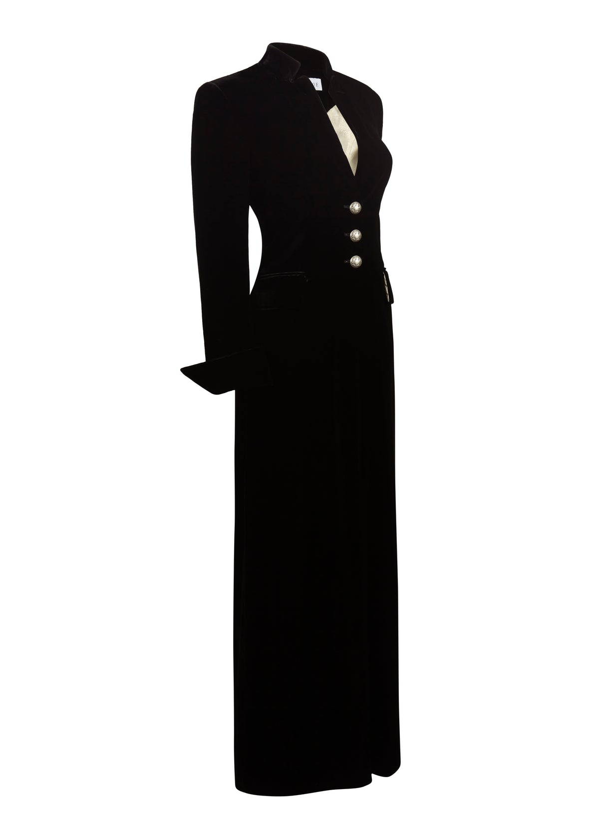 Front view of Doris Notte Vibrant Jacket showcasing black fabric, high collar, patterned lining and silver buttons with white background