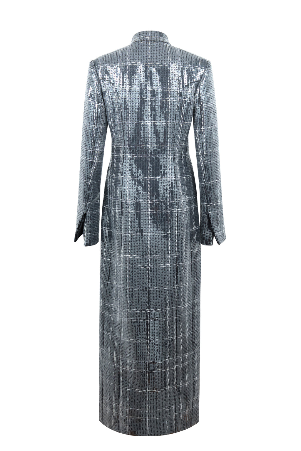 Back view of Doris Pailette in Silver showcasing silver sequins, black plaid lines, and longline silhouette on white background