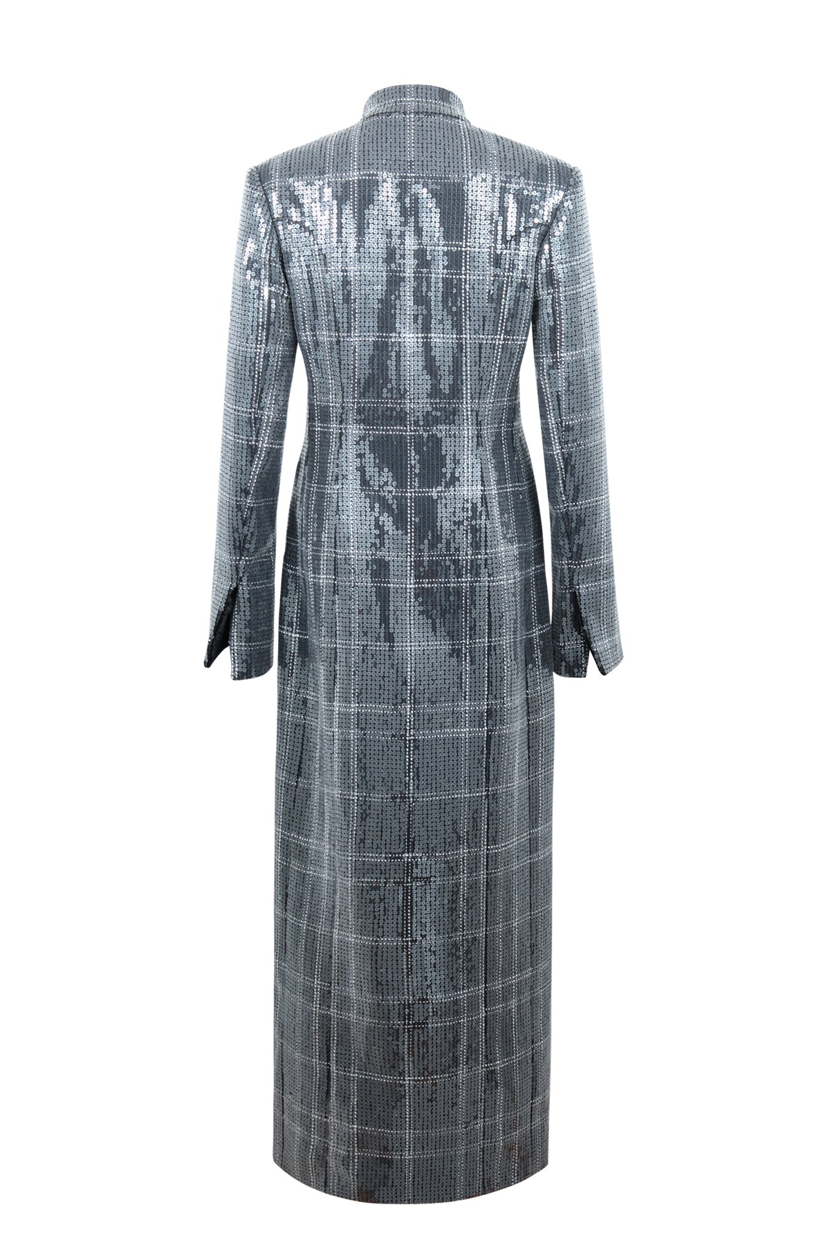 Back view of Doris Pailette in Silver showcasing silver sequins, black plaid lines, and longline silhouette on white background