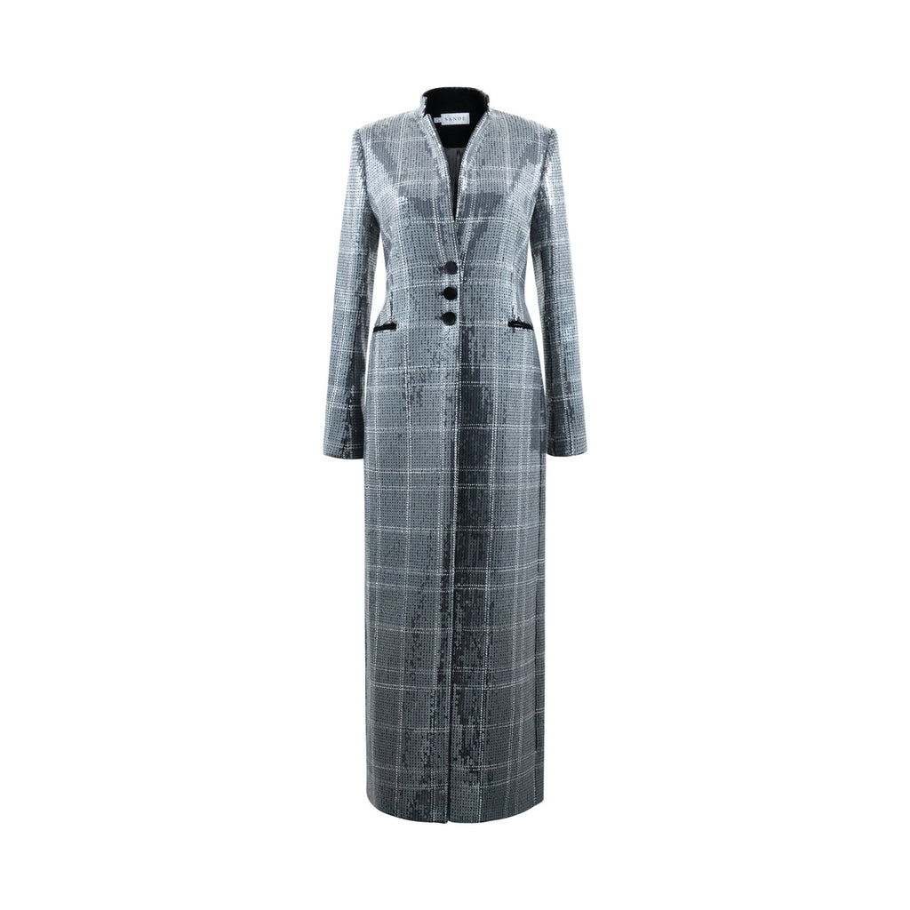 Front view of the Doris Pailette silver longline jacket showcasing sequins, black plaid lines, and velvet buttons