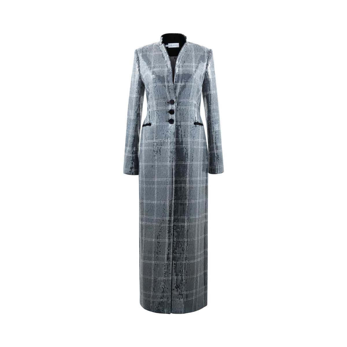 Front view of the Doris Pailette silver longline jacket showcasing sequins, black plaid lines, and velvet buttons