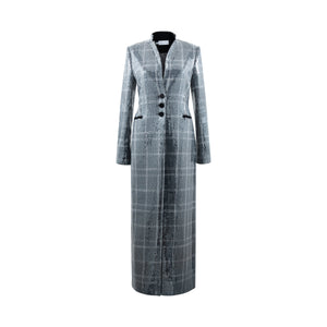 Front view of the Doris Pailette silver longline jacket showcasing sequins, black plaid lines, and velvet buttons