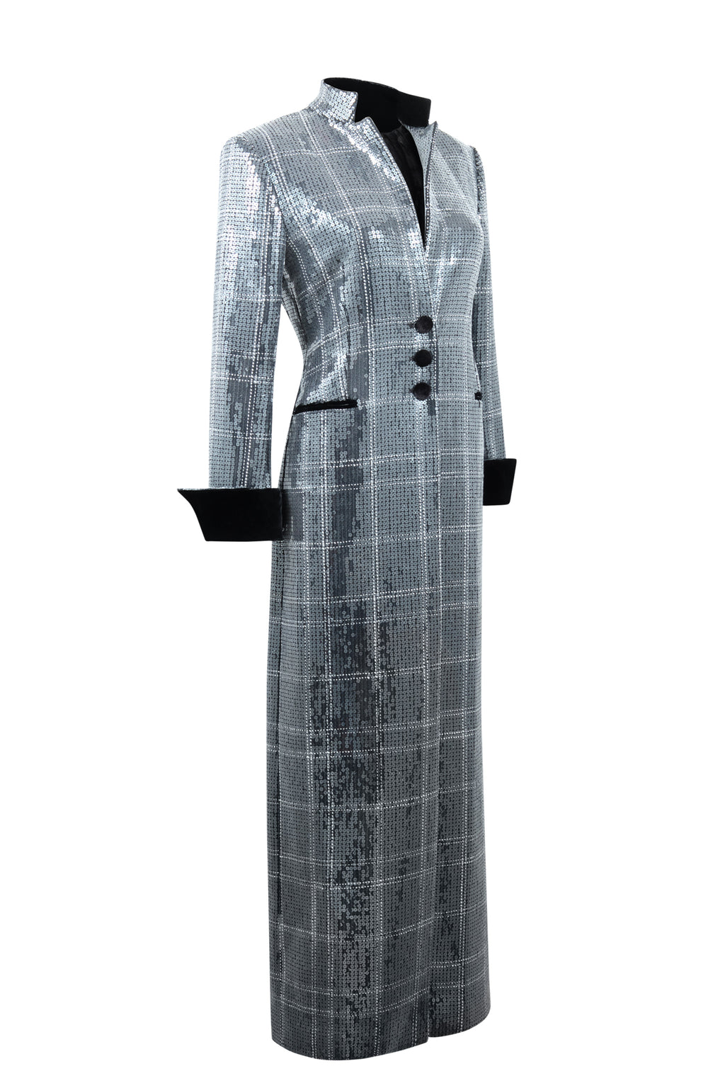 Three-quarter view of the Doris Pailette in Silver longline jacket showcasing silver sequins with black plaid lines and velvet trim on a white background