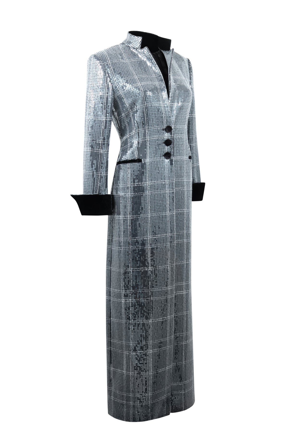 Three-quarter view of the Doris Pailette in Silver longline jacket showcasing silver sequins with black plaid lines and velvet trim on a white background