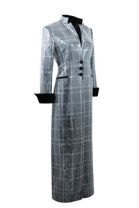 Three-quarter view of the Doris Pailette in Silver longline jacket showcasing silver sequins with black plaid lines and velvet trim on a white background