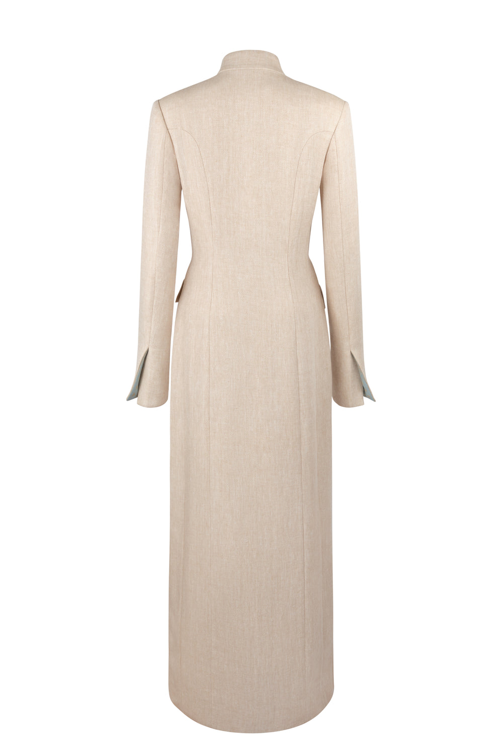 Back view of Doris Sable beige longline linen coat showing structured shoulders, tailored waist, and vented cuffs on white background