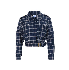 Front view of Dorrington Jacket in St Andrews Check with cropped silhouette and buckle closure against white