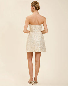 Dottie Mini Dress in Sugar Swizzle with beaded linen organza, strapless neckline, structured bodice with boning, and bell-skirt mini silhouette.