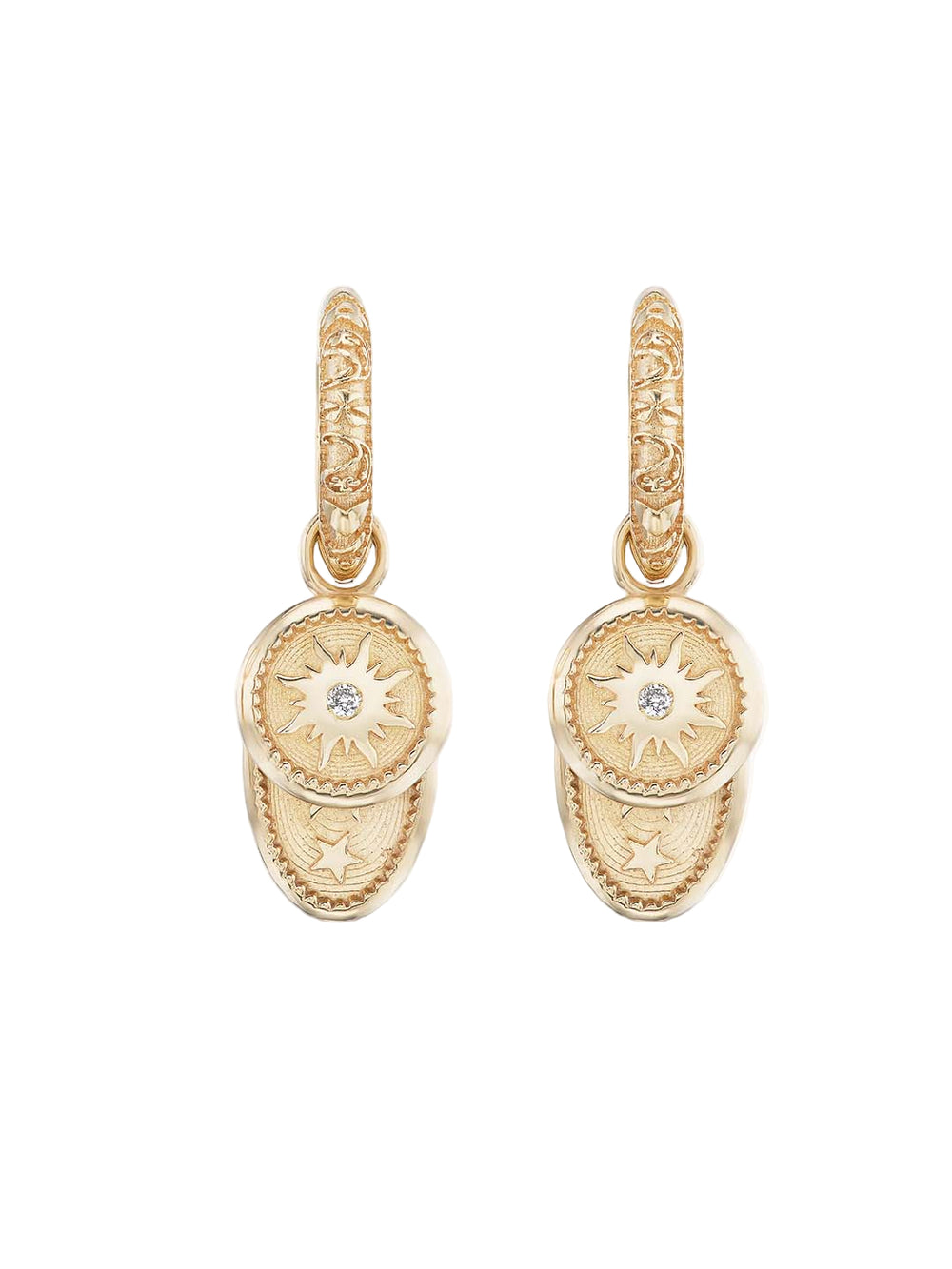 Front view of Mixed Southwestern Hoops showing textured 14k yellow gold hoops with layered sun-motif round charm and engraved oval drop