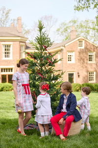 Little English classic children's clothing. Girls A-line Cora Dress in red and green plaid with red bow and red piping detail for the holidays.  Boys Douglas Plaid button down shirt with red corduroy pants and navy wool blazer. Toddler girls Eleanor Dress - Douglas Plaid with ruffled peter pan collar and tie sash in back paired with white Holiday Bow Fair Isle Cardigan.  Toddler boys Douglas Plaid Button Tab John John Set