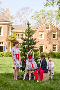 Little English classic children's clothing. Girls A-line Cora Dress in red and green plaid with red bow and red piping detail for the holidays.  Boys Douglas Plaid button down shirt with red corduroy pants and navy wool blazer. Toddler girls Eleanor Dress - Douglas Plaid with ruffled peter pan collar and tie sash in back. Toddler boys Douglas Plaid Button Tab John John Set