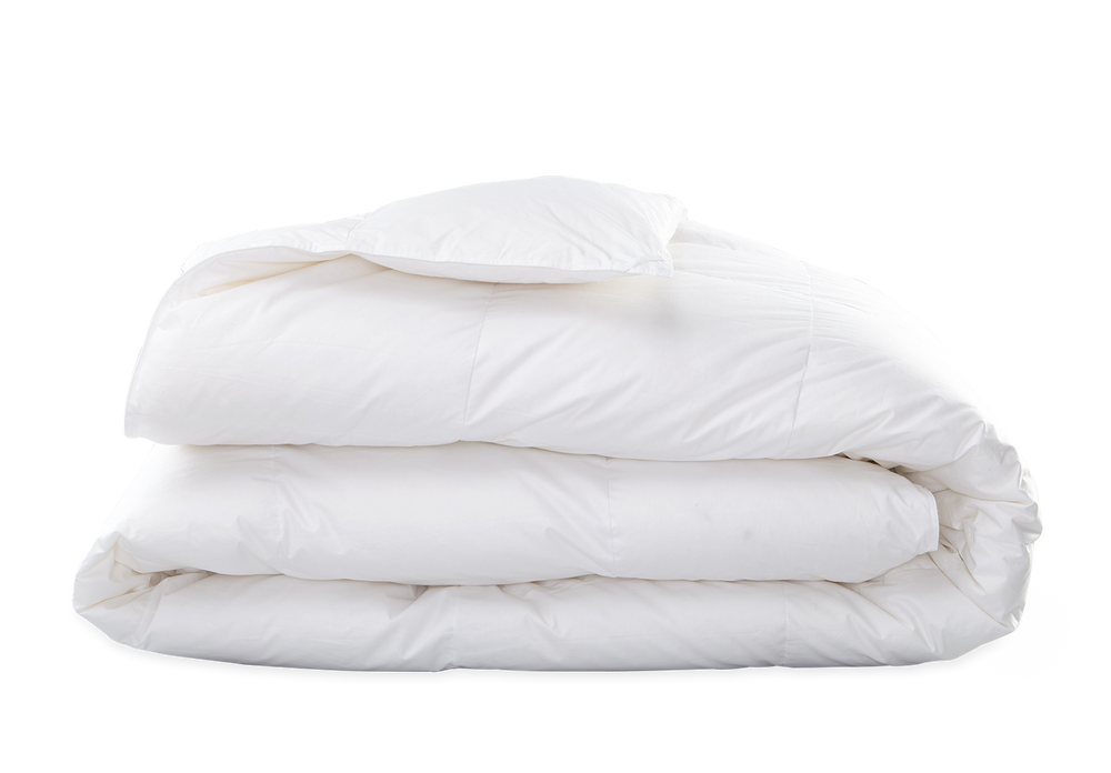 Front view of folded white down comforter showcasing plush loft and stitched channels on plain white background