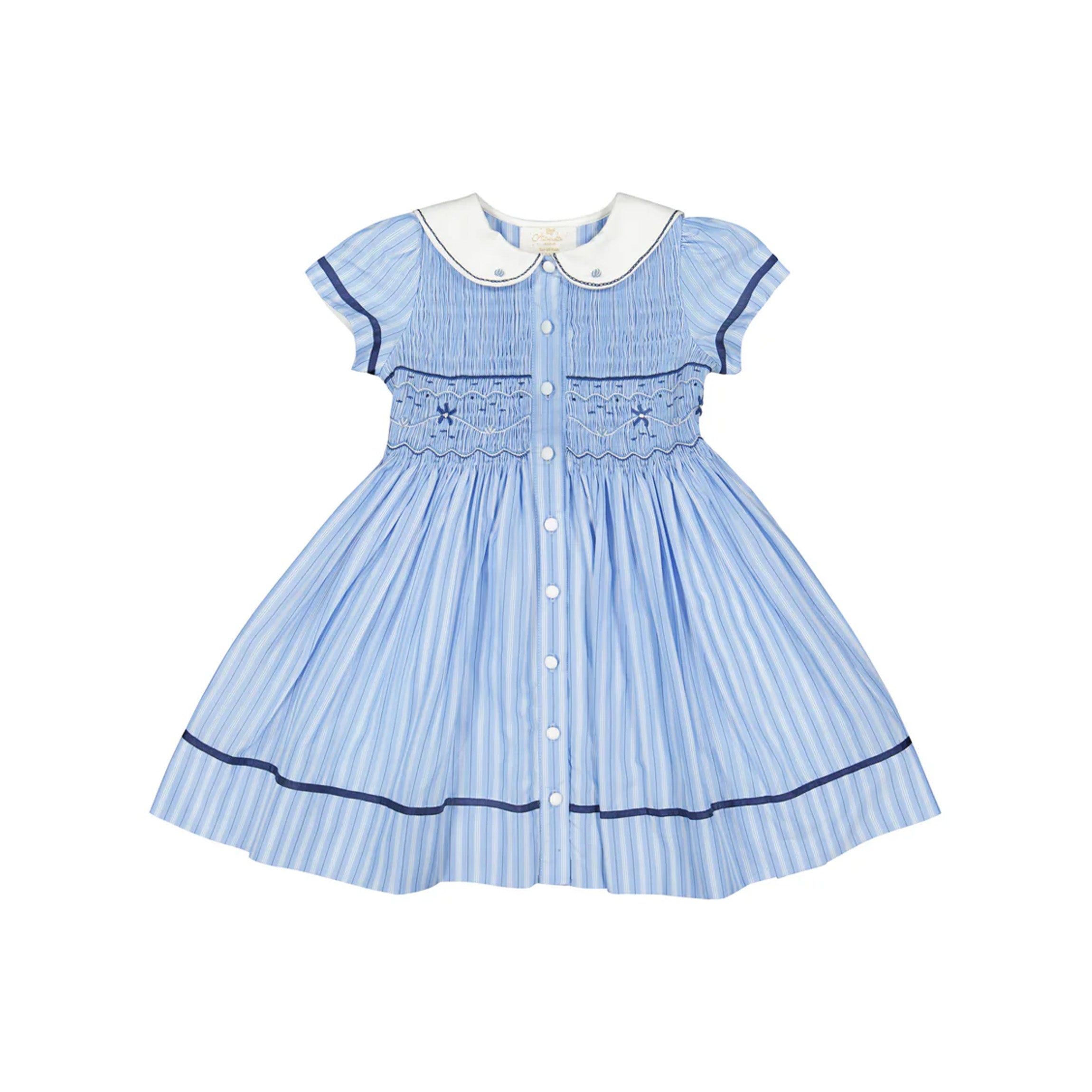 Riviera Blue Stripe Short Sleeve Smocked Dress