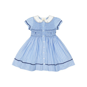 Riviera Blue Stripe Short Sleeve Smocked Dress