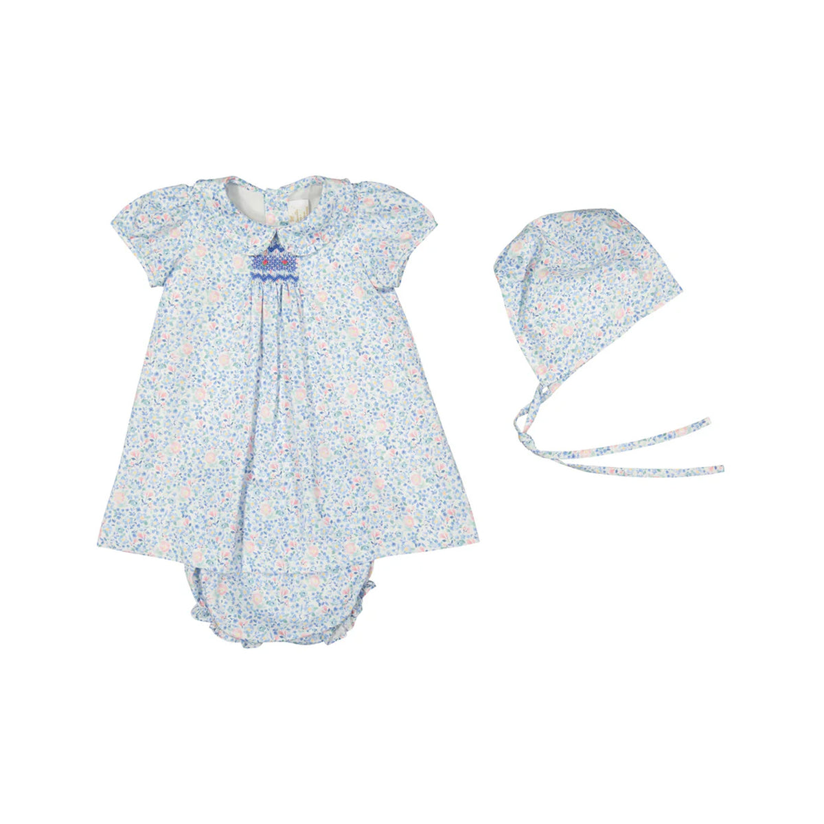 Front view of Olympe baby set with blue floral dress, smocked collar, matching bonnet and ruffled bloomer on white background