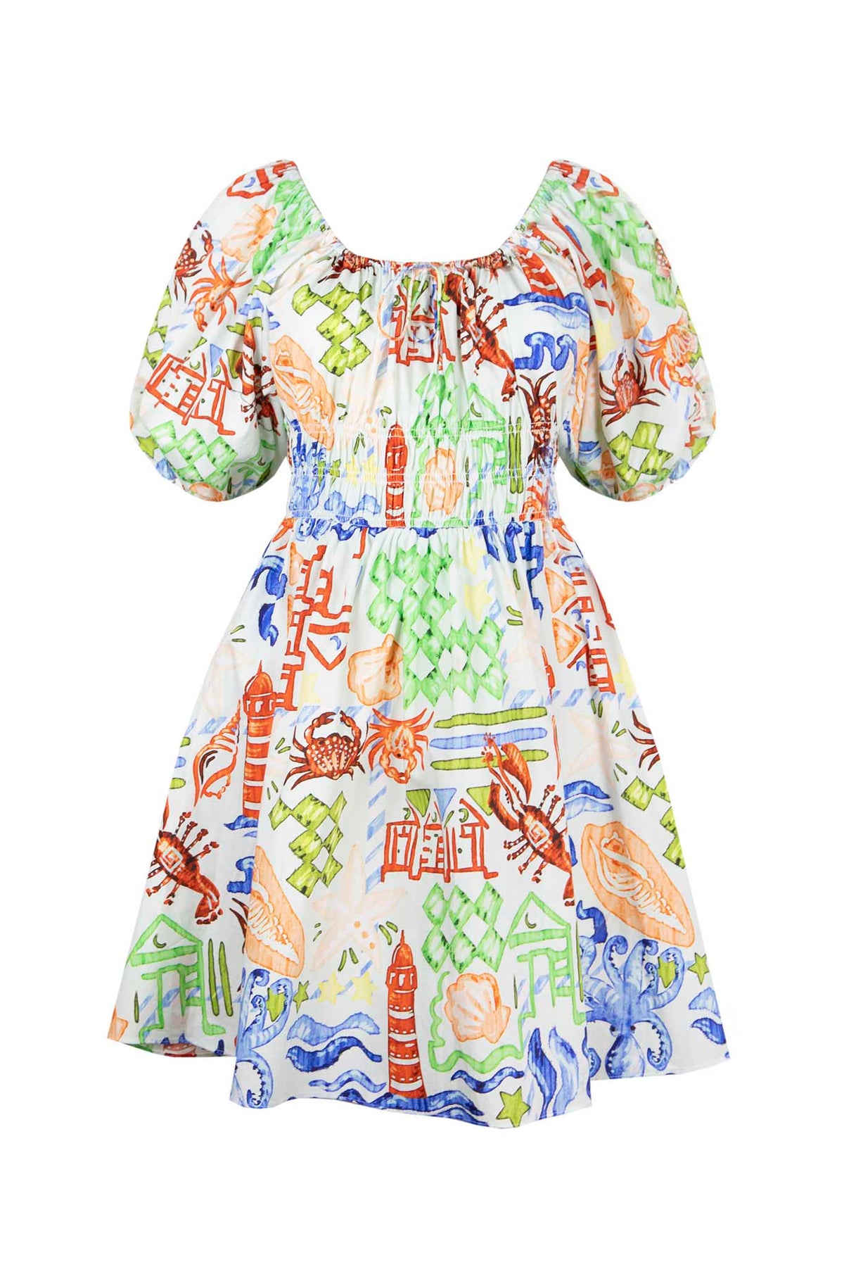 The Drew dress has a scoop neck with a drawstring tie, a smocked waist and a shirred mini skirt.