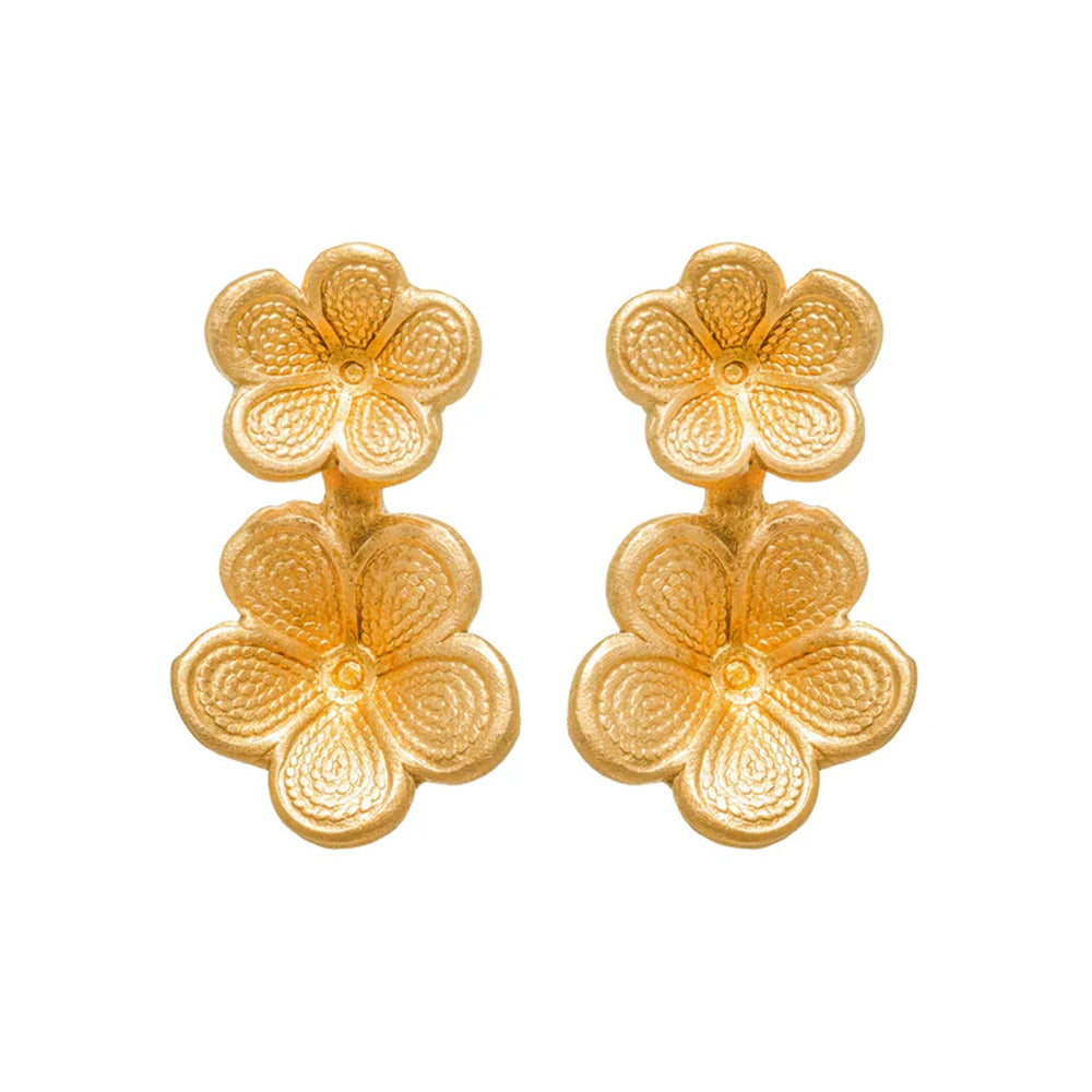 Front view of Osaka earrings showcasing two stacked textured gold-tone flower motifs on white background