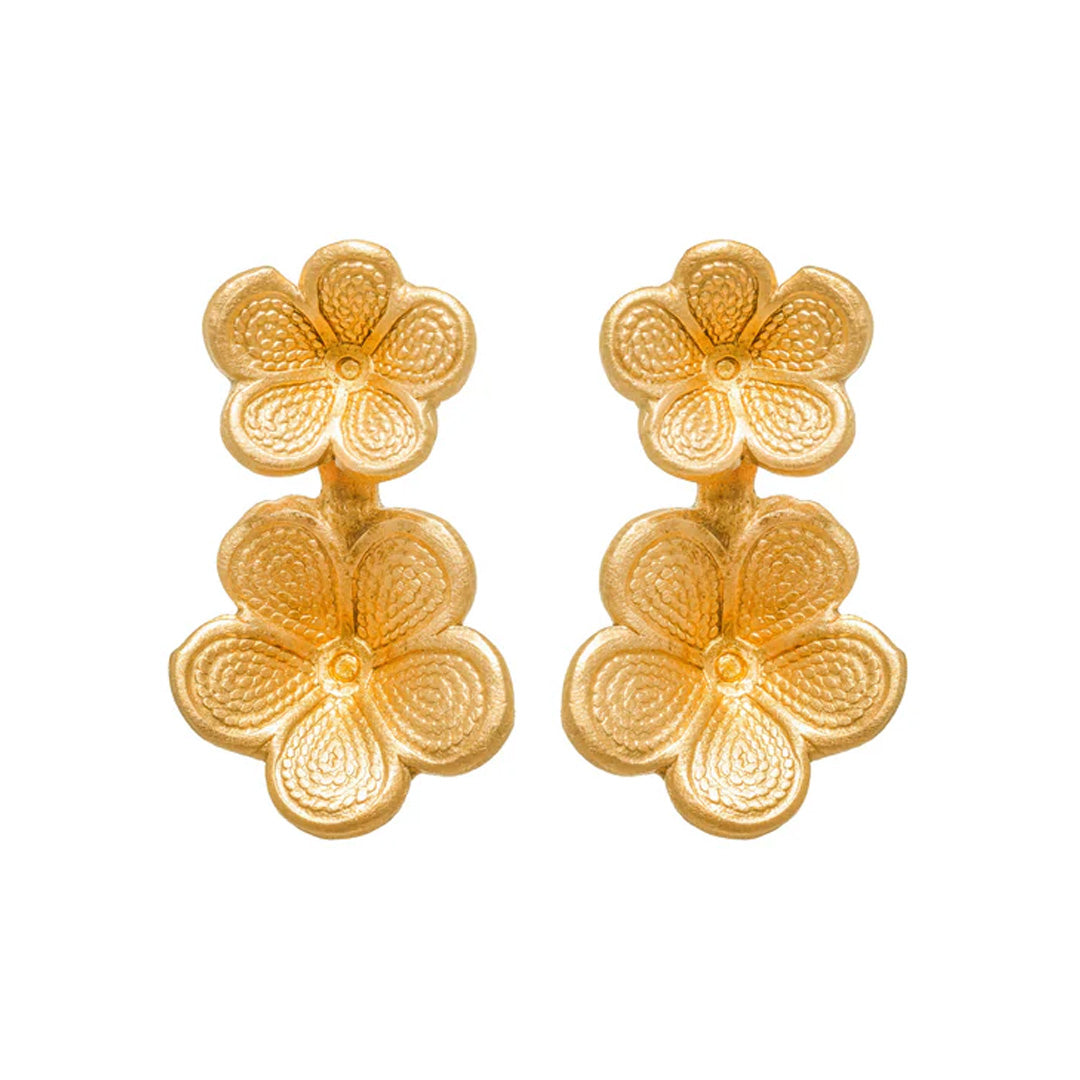 Front view of Osaka earrings showcasing two stacked textured gold-tone flower motifs on white background