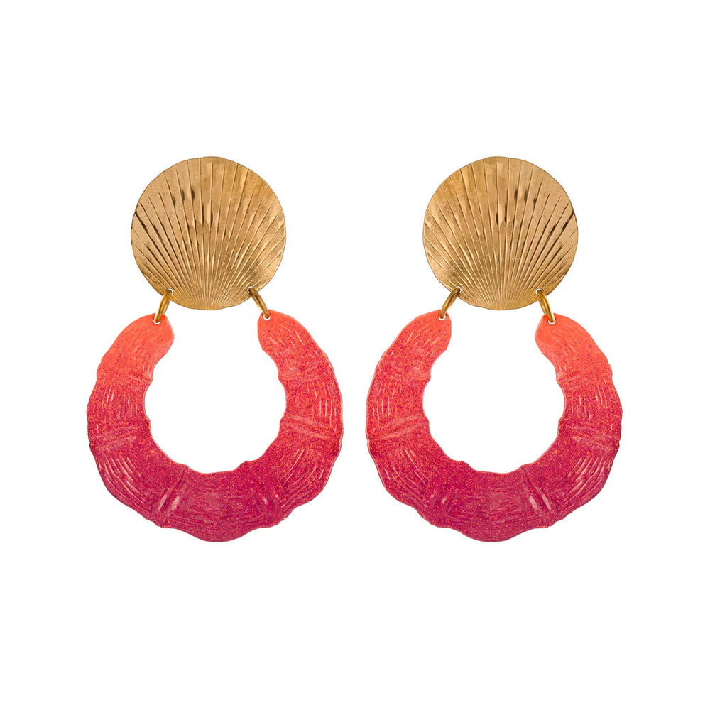 Front view of Sunset Bambou earrings showing hand-hammered brass disc tops and hand-painted coral-to-pink textured hoops on white background