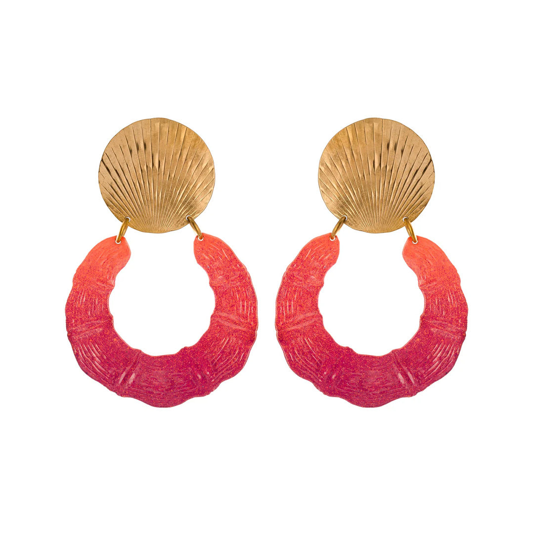 Front view of Sunset Bambou earrings showing hand-hammered brass disc tops and hand-painted coral-to-pink textured hoops on white background