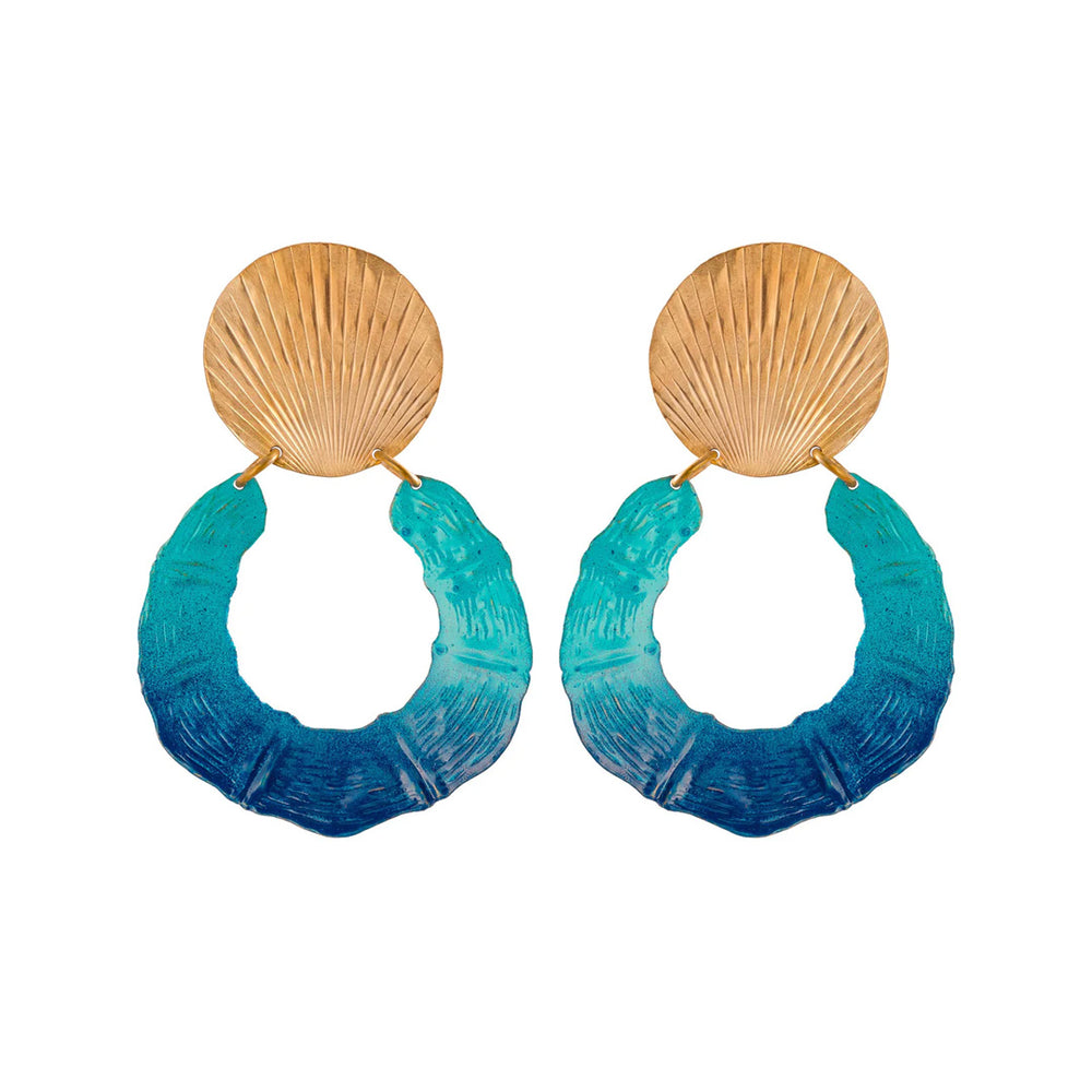 Front view of Ocean Bambou earrings with hand hammered gold disc studs and blue to teal painted bamboo hoops on white