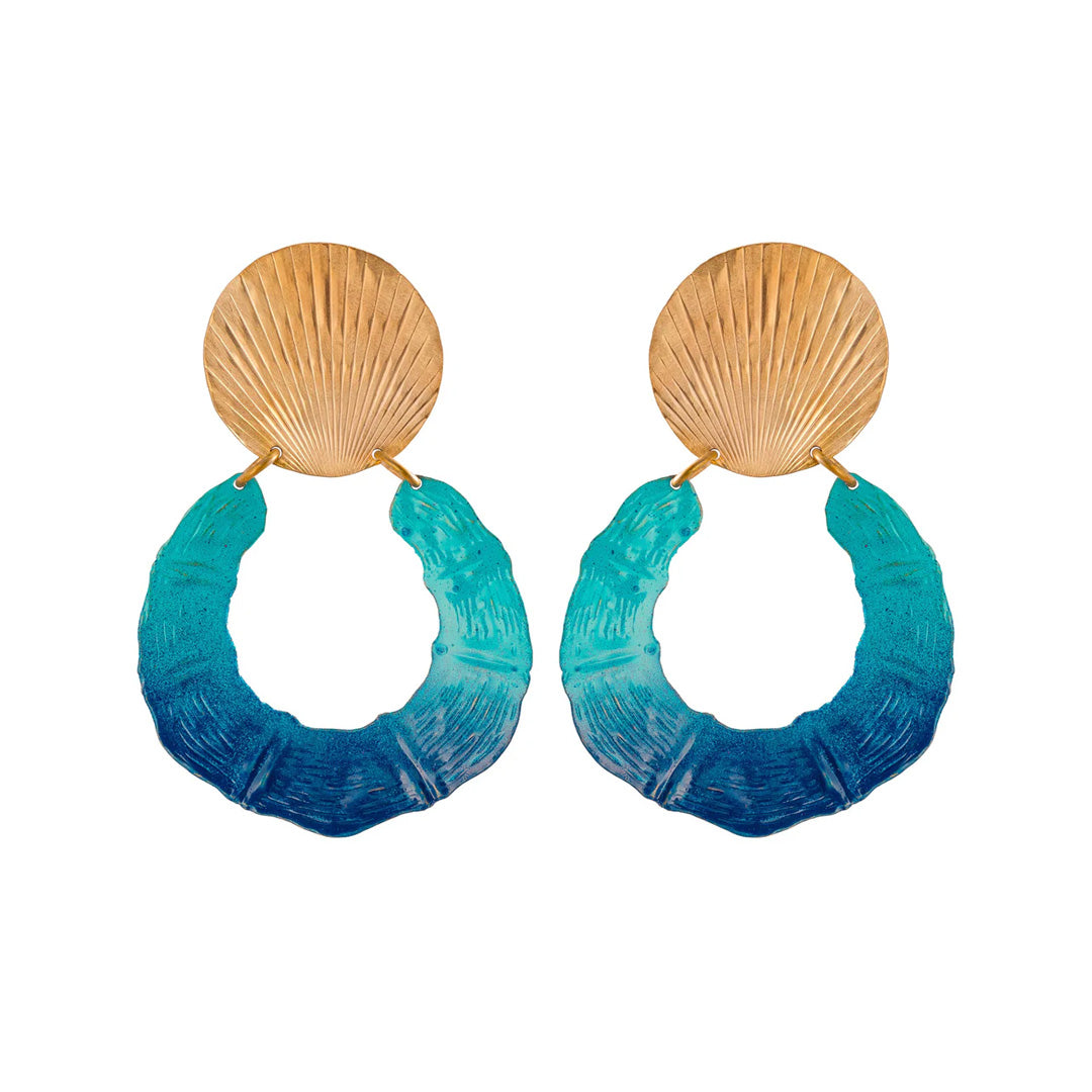 Front view of Ocean Bambou earrings with hand hammered gold disc studs and blue to teal painted bamboo hoops on white