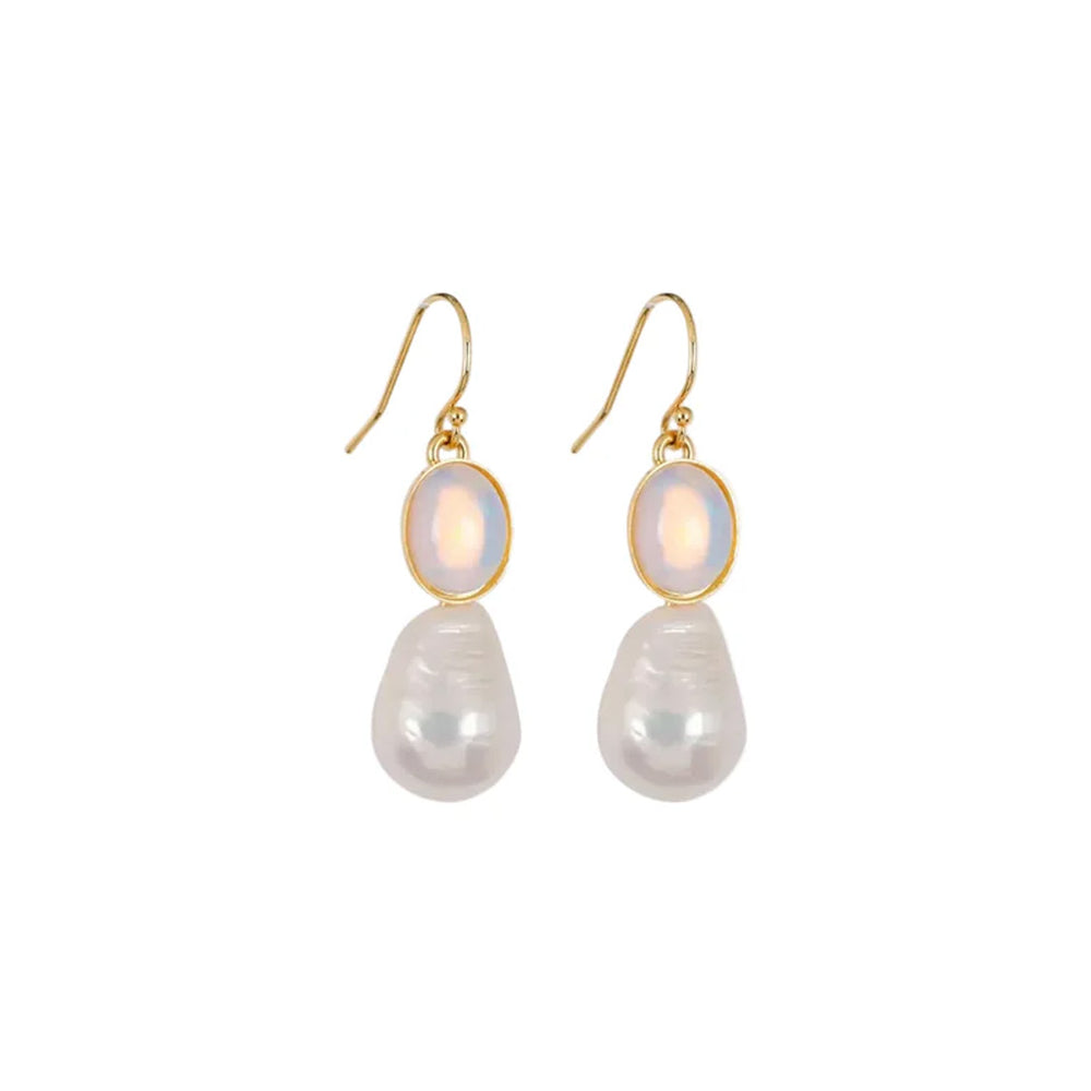 Front view of Tatum earrings showcasing oval opal gemstones and teardrop freshwater pearls on gold-filled hooks on white background