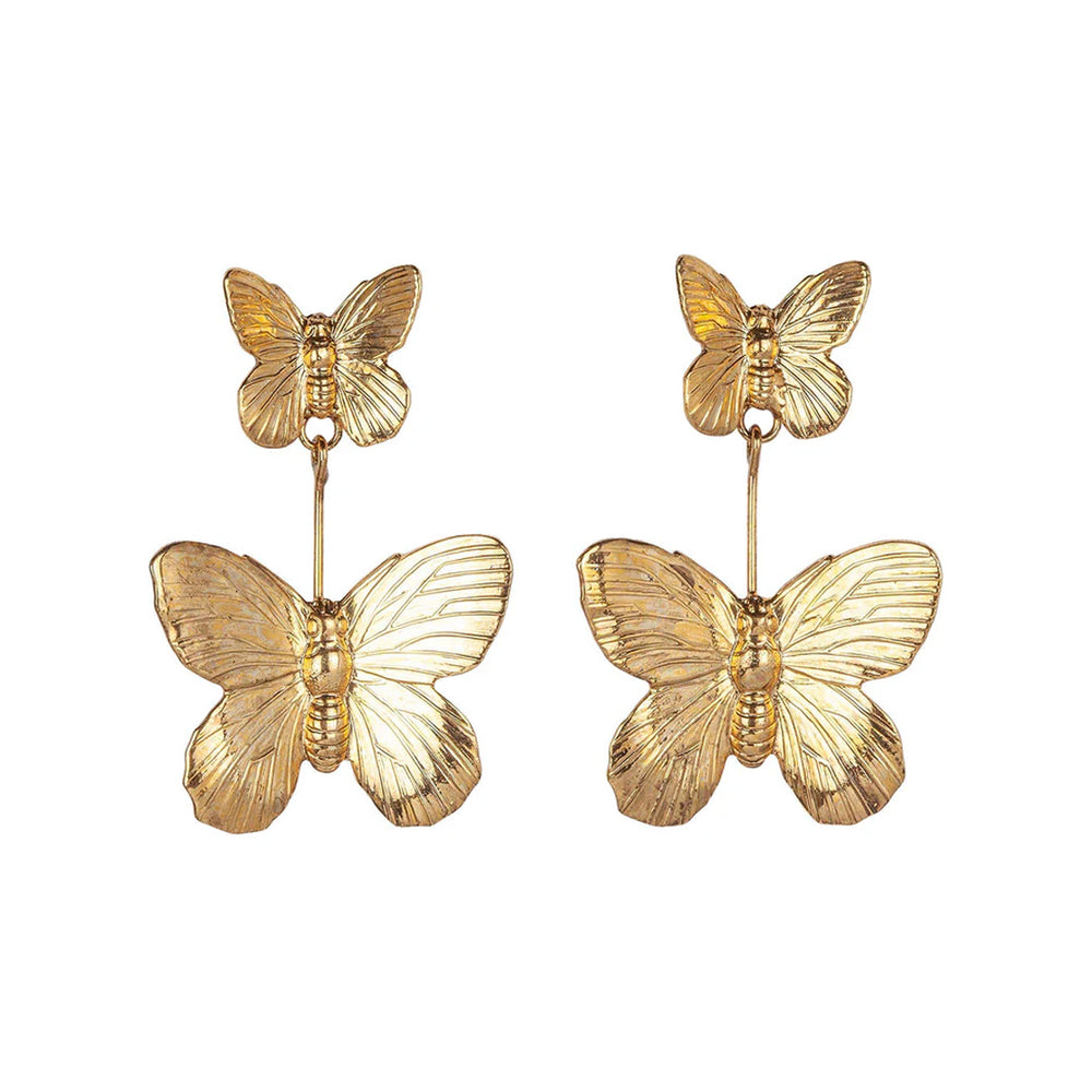 Front view of Ella Earrings showcasing gold-tone double butterfly drop design with engraved wing details on white background