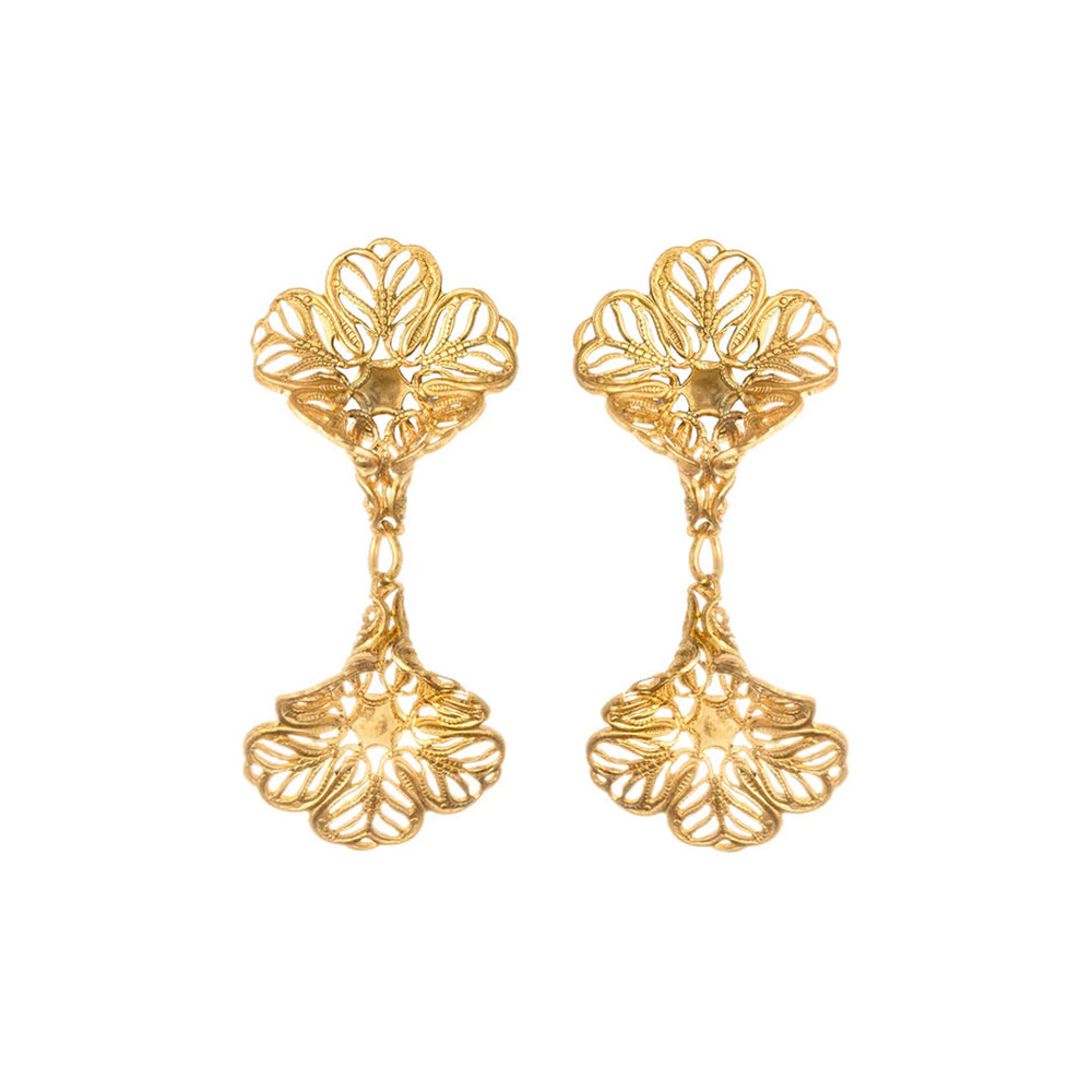 Front view of Wee Saskia brass drop earrings showcasing lace-like filigree bells on a white background