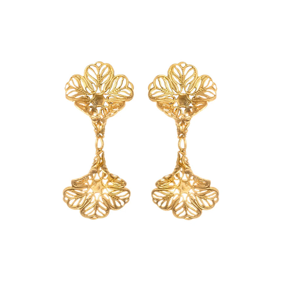 Front view of Wee Saskia brass drop earrings showcasing lace-like filigree bells on a white background