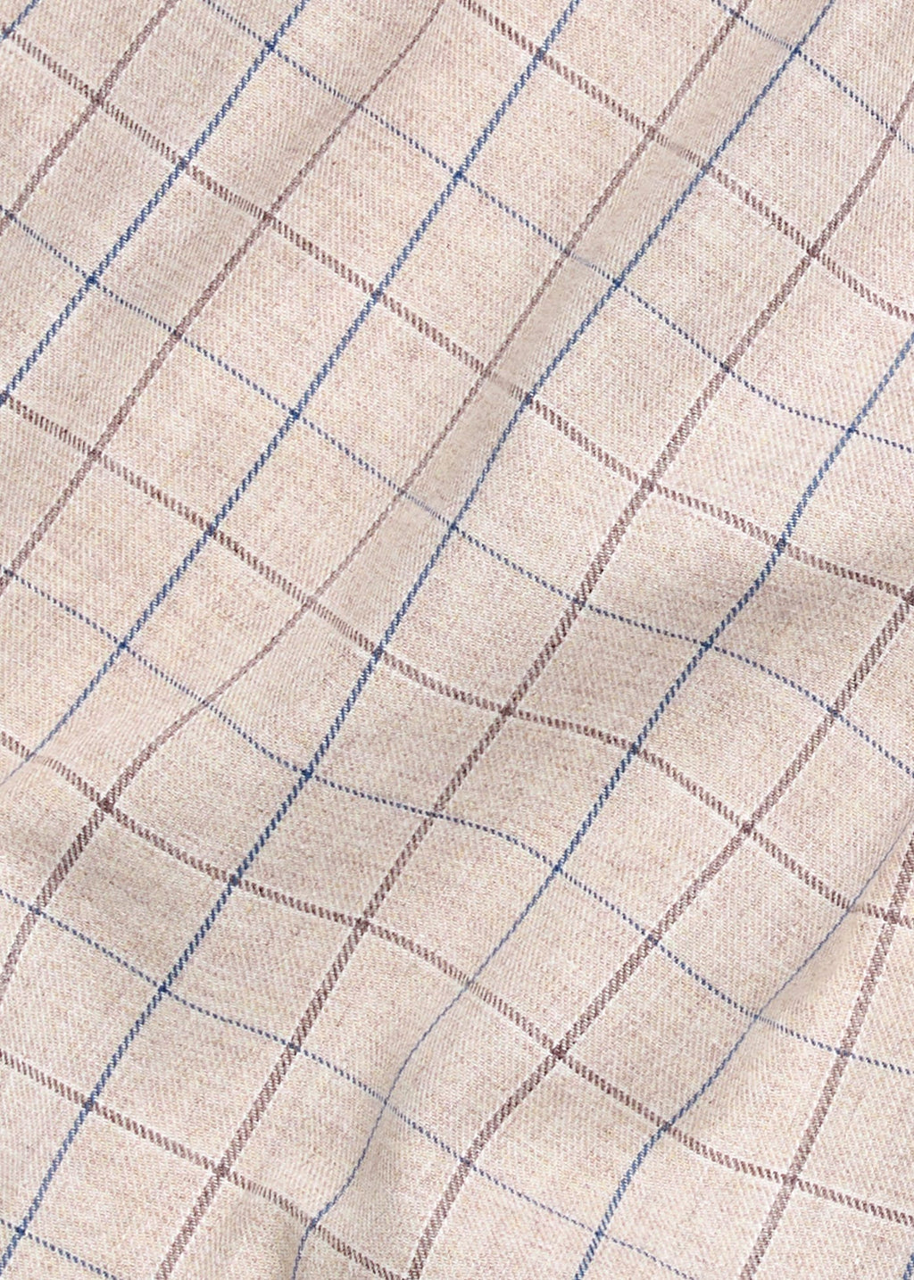 Little English traditional children's clothing. Tan, brown, and blue Durham Windowpane fabric swatch