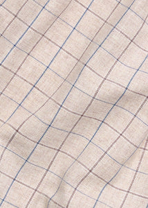 Little English traditional children's clothing. Tan, brown, and blue Durham Windowpane fabric swatch