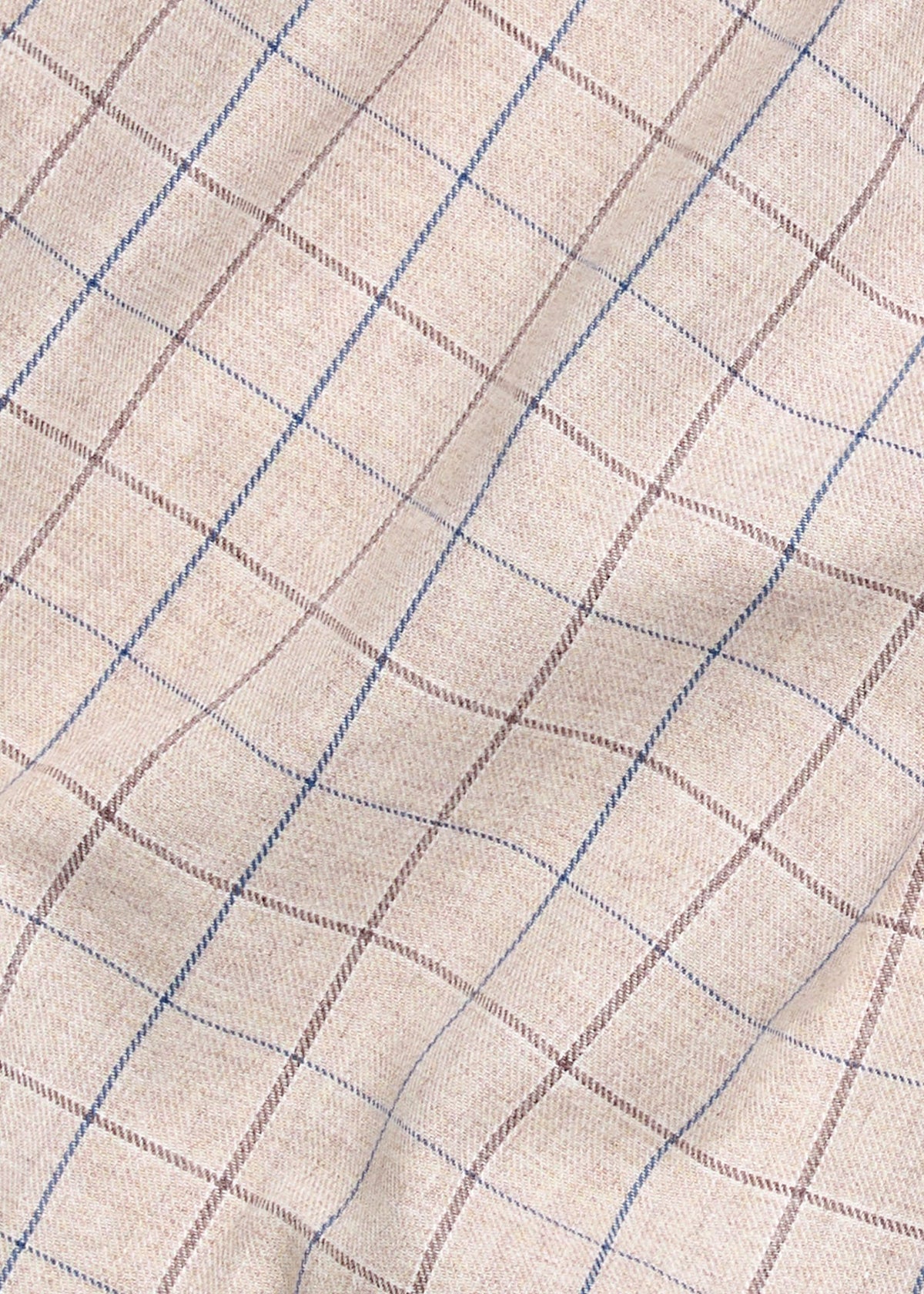 Little English traditional children's clothing. Tan, brown, and blue Durham Windowpane fabric swatch