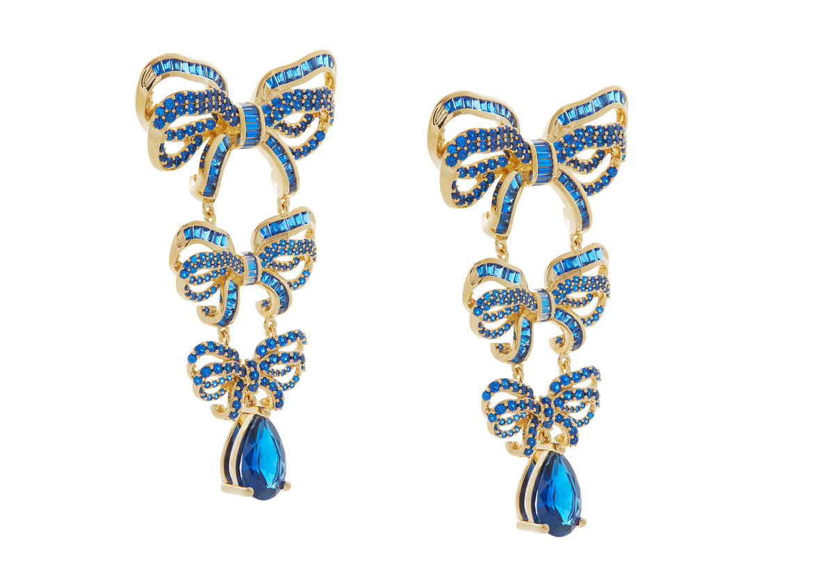 Bow Pearl Chandelier Earrings in Blue